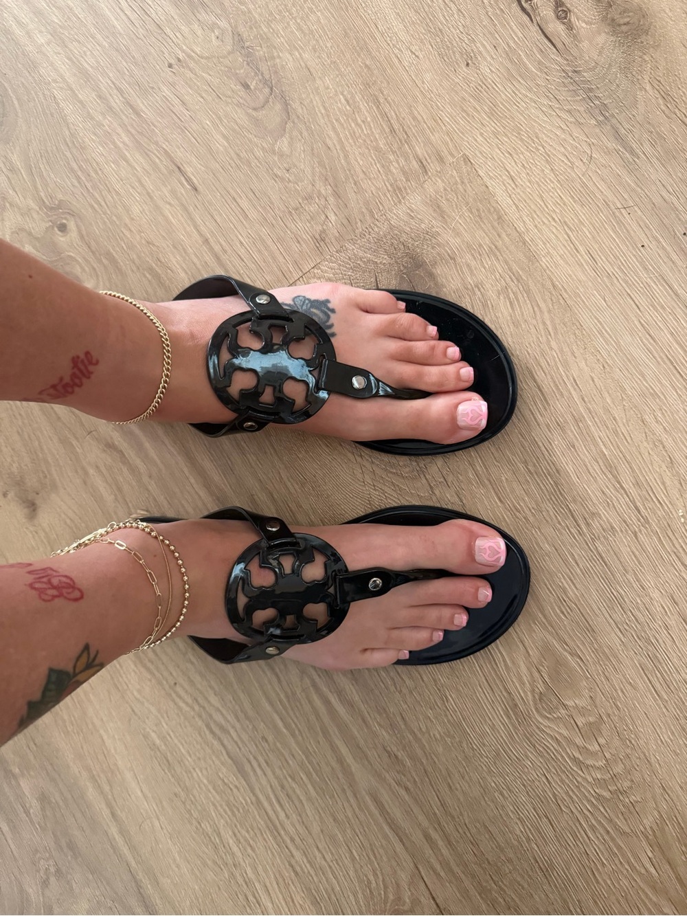 Black Logo Circle T-Strap Women’s Sandals